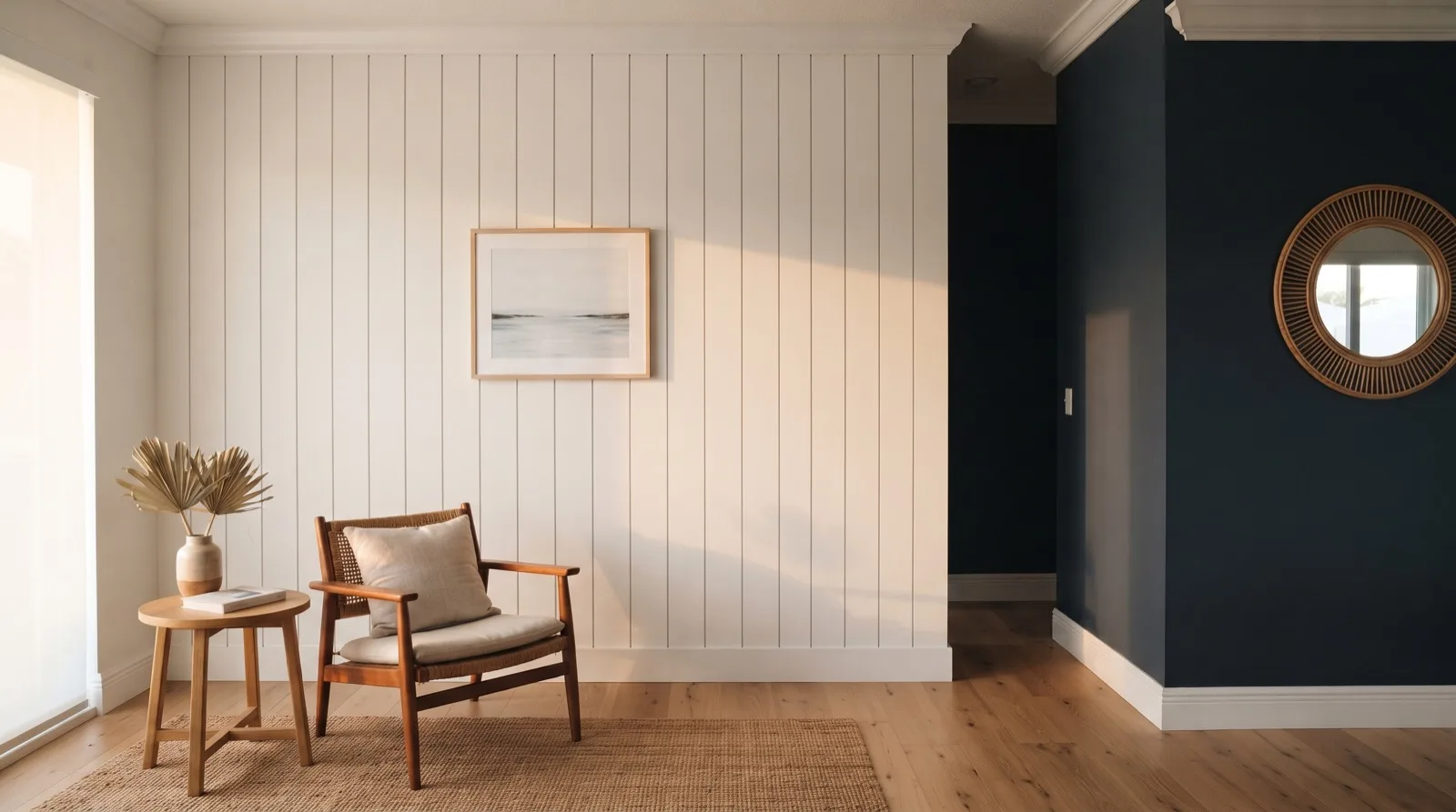 Living room accent wall in vertical white shiplap boards