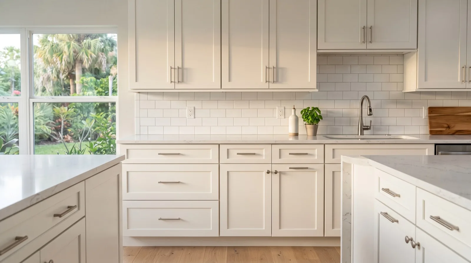 Kitchen cabinet doors in a satin off-white sprayed finish