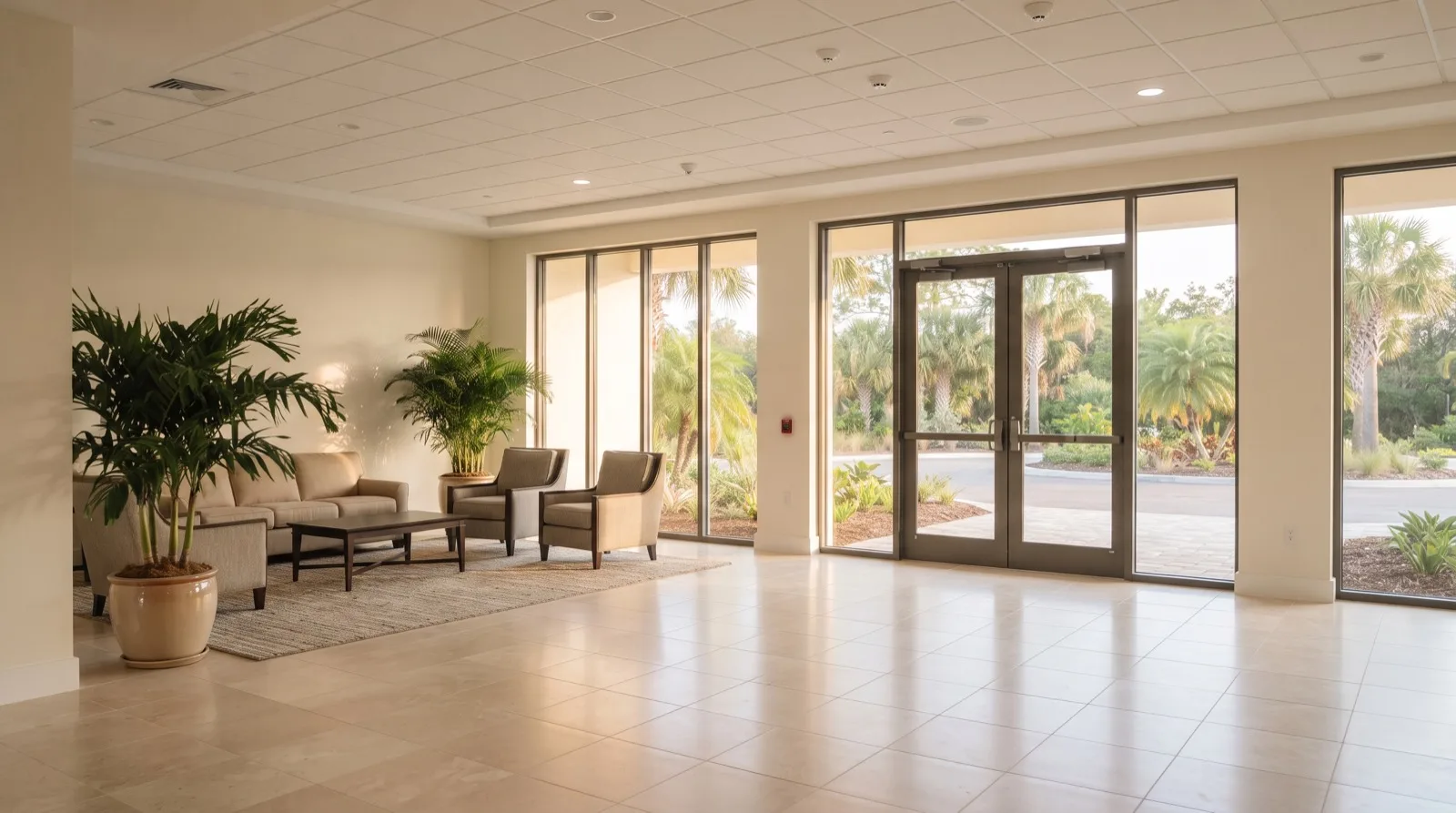Repainted common area inside a small Florida commercial building