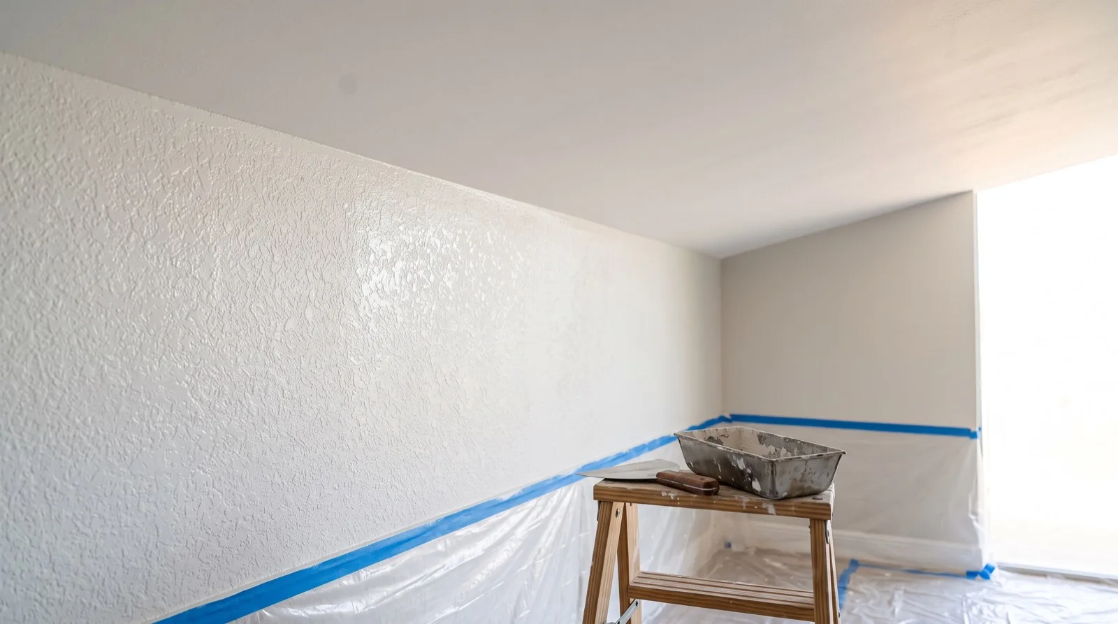 Smooth Level 5 ceiling beside a fresh knockdown texture on the wall