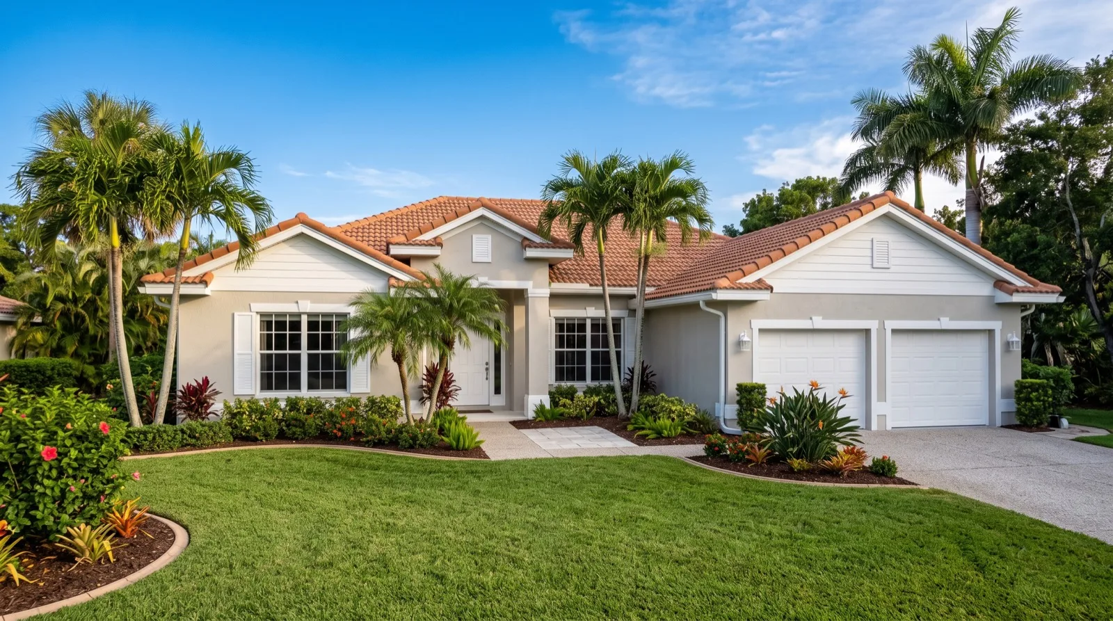 One-story Florida stucco home repainted in a coastal greige with white trim