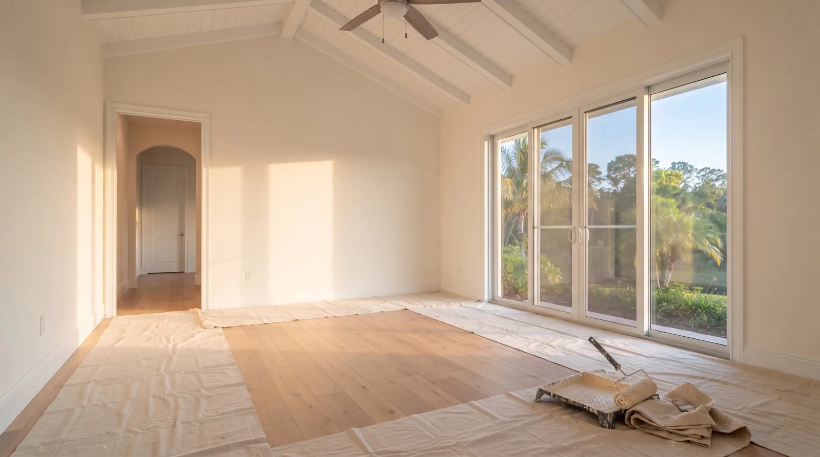 Freshly painted interior living room with white trim in a coastal Florida home