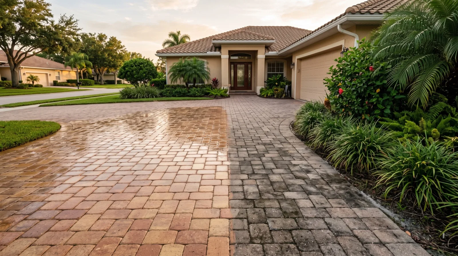 Paver driveway of a Florida home, half cleaned and half still weathered