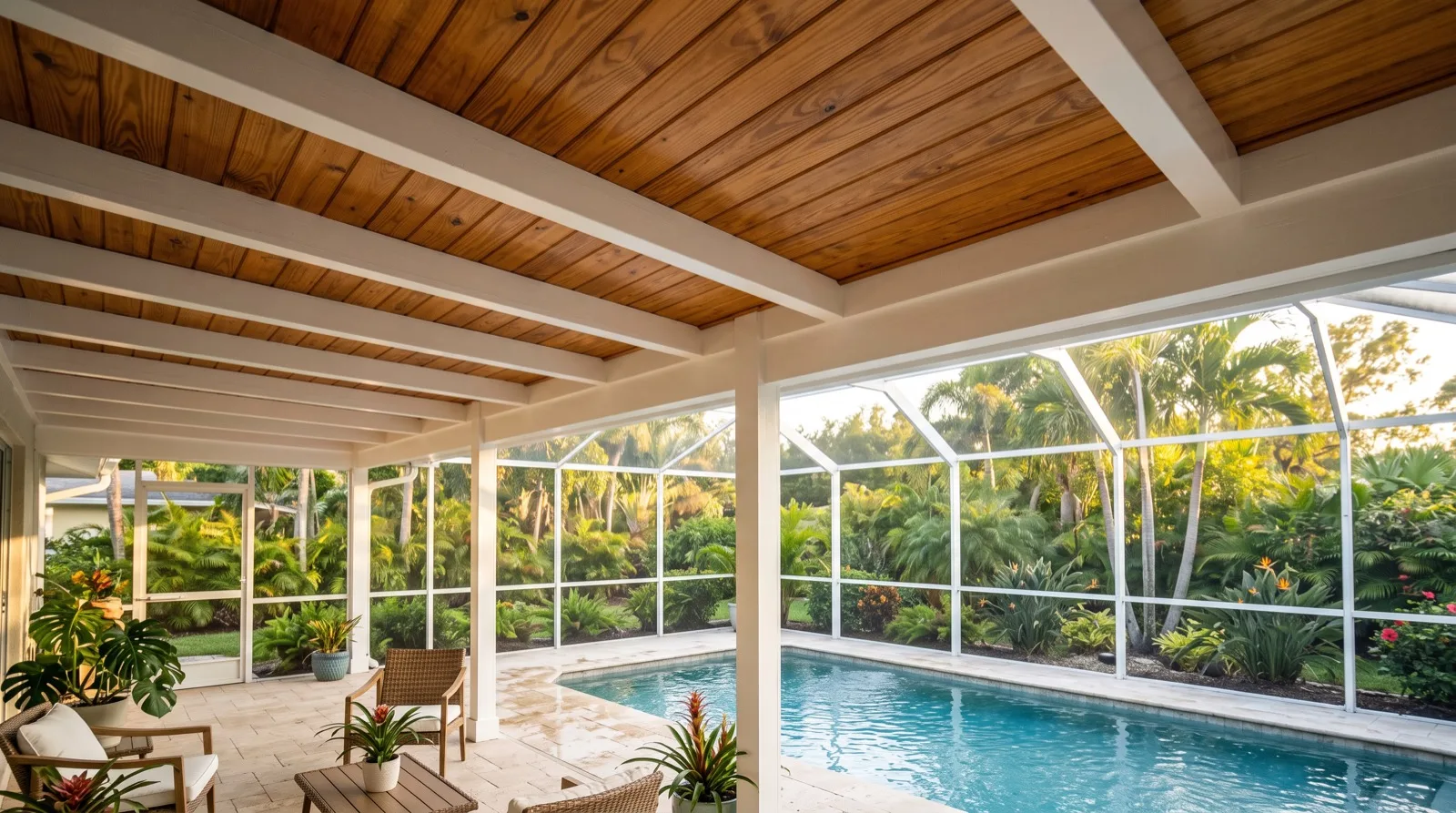 Tongue-and-groove lanai ceiling stained to a deep honey tone